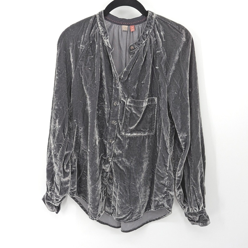 Pilcro Velvet Button Down Women XS Gray Long Sleeve Whimsygoth Boho Grunge Chic